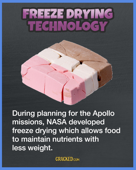 FREEZE DRYING TECHNOLOGY During planning for the Apollo missions, NASA developed freeze drying which allows food to maintain nutrients with less weigh