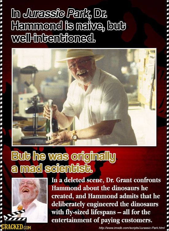 In Jurassic Park, Dr. Hammond is naive, but welHintentioned. But he was originally a mad scientist. In a deleted scene, Dr. Grant confronts Hammond ab