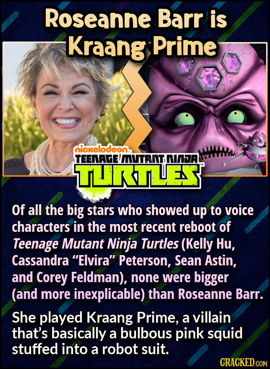 Roseanne Barr is Kraang Prime 4680022 ickelodeon. STEENAGE! IMUTRIT NINA TURTLES Of all the big stars who showed up to voice characters in the most re