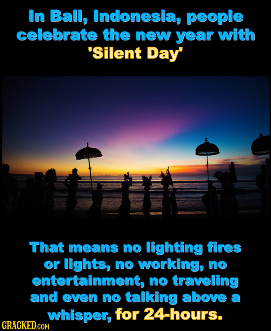 In Bali, indonesia, people celebrate the new year with 'Silent Day' That means no lighting fires or lights, no working, no entertainment, no traveling