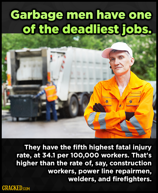 Garbage men have one of the deadliest jobs. They have the fifth highest fatal injury rate, at 34.1 per ,00 workers. That's higher than the rate of, sa