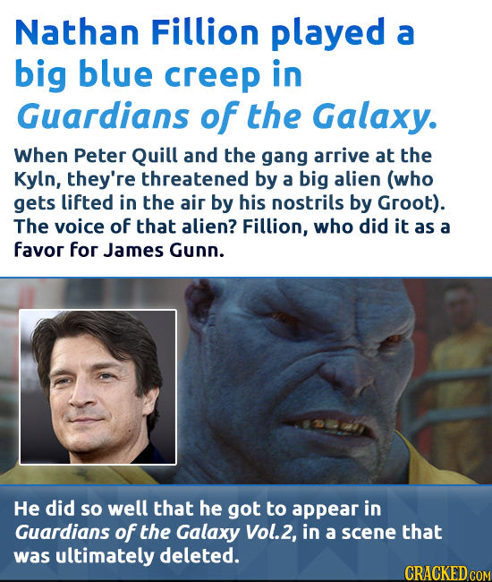 Nathan Fillion played a big blue creep in Guardians of the Galaxy. When Peter Quill and the gang arrive at the Kyln, they're threatened by a big alien