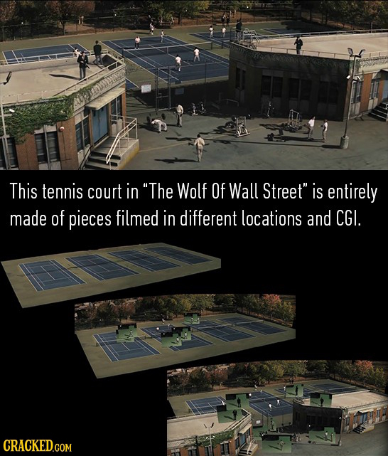 This tennis court in The Wolf Of Wall Street is entirely made of pieces filmed in different locations and CGI.