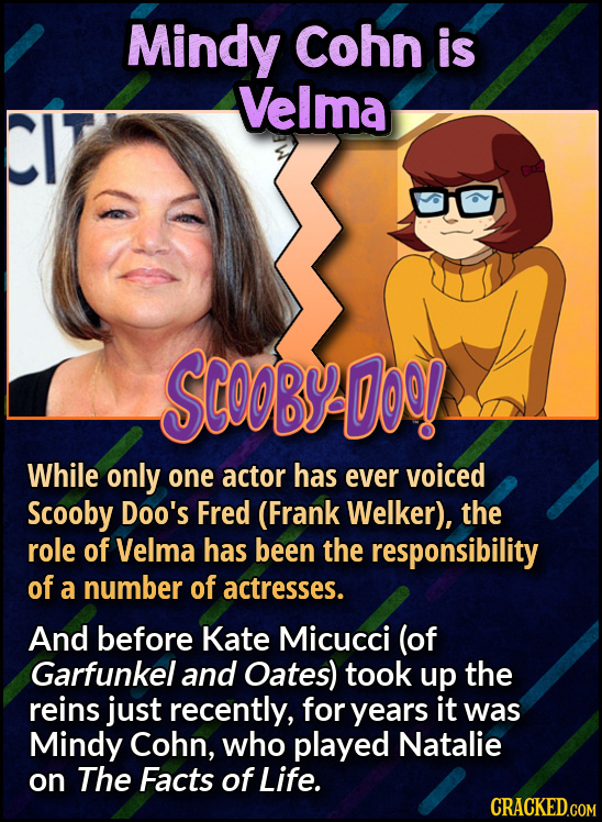 Mindy Cohn is Velma SGo0By-D0o! While only one actor has ever voiced Scooby Doo's Fred (Frank Welker), the role of Velma has been the responsibility o