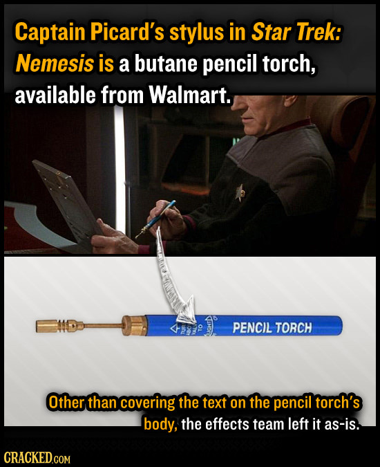 Captain Picard's stylus in Star Trek: Nemesis is a butane pencil torch, available from Walmart. PENCIL TORCH TUR TO ABS UETD Other than covering the t