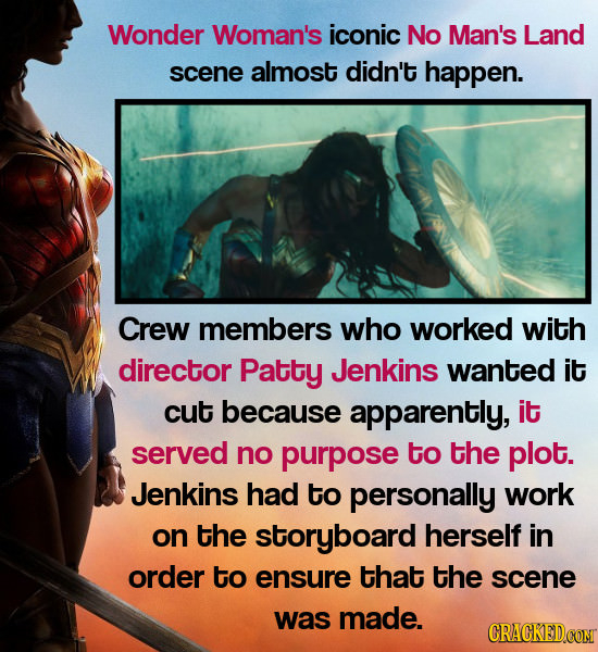 Wonder Woman's iconic No Man's Land scene almost didn't happen. Crew members who worked with director Patty Jenkins wanted it cut because apparently, 