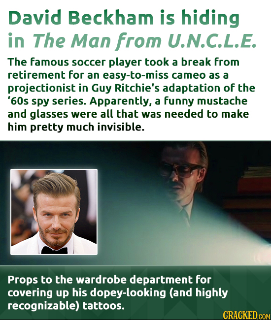 David Beckham is hiding in The Man from U.N.C.L.E. The famous soccer player took a break from retirement for an easy-to-miss cameo as a projectionist 