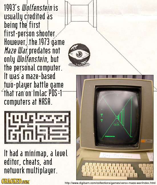 1993's Wolfensteinis usually Credited as being the first first sf-person shooter. However. the. 1973 game Maze War predates not onLY Wolfenstein, but