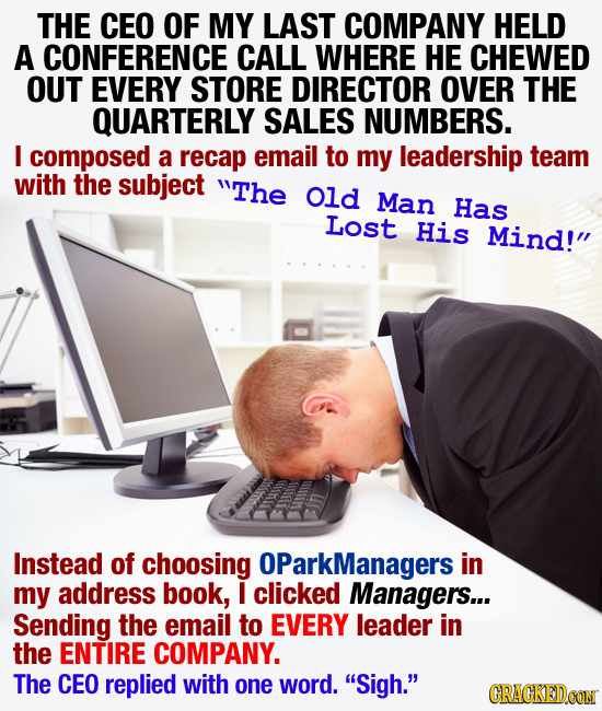 THE CEO OF MY LAST COMPANY HELD A CONFERENCE CALL WHERE HE CHEWED OUT EVERY STORE DIRECTOR OVER THE QUARTERLY SALES NUMBERS. I composed a recap email