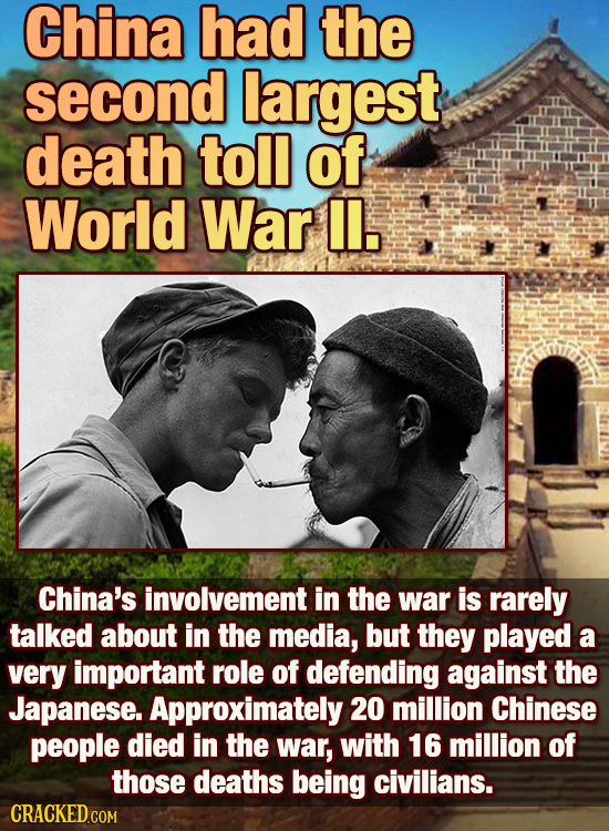 China had the second largest death toll of World War IL. China's involvement in the war is rarely talked about in the media, but they played a very im