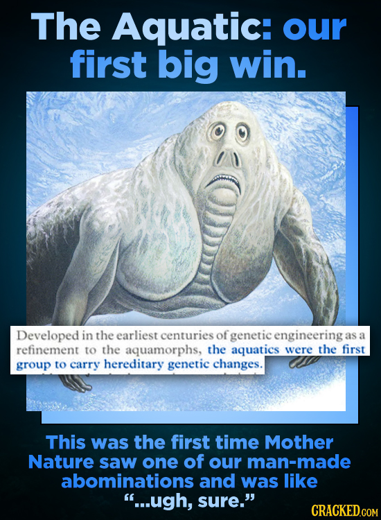 The Aquatic: our first big win. Developed in the earliest centuries of genetic engineering as a refinement to the aquamorphs, the aquatics were the fi