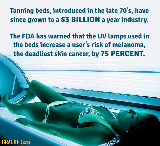 Tanning beds, introduced in the late 70's, have since grown to a $3 BILLION a year industry. The FDA has warned that the UV lamps used in the beds inc
