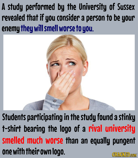 A study performed by the University of Sussex revealed that if you consider a person to be your enemy they will smell worse to you. Students participa