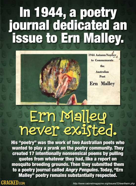 In 1944, a poetry journal dedicated an issue to Ern Malley. 1944 AutumnNumber to Commemorate the Australian Poet Ern Malley Ern Nlalley never existed.