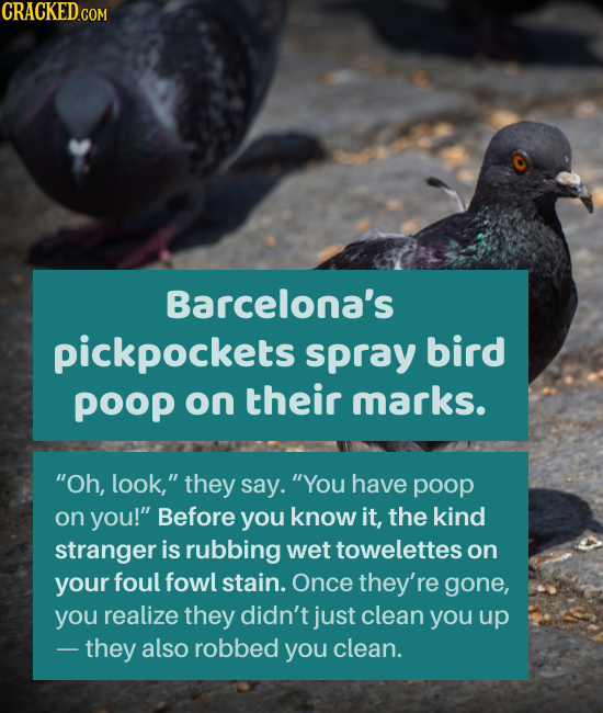 Barcelona's pickpockets spray bird pOOP on their marks. Oh, look, they say. You have poop on you! Before you know it, the kind stranger is rubbing