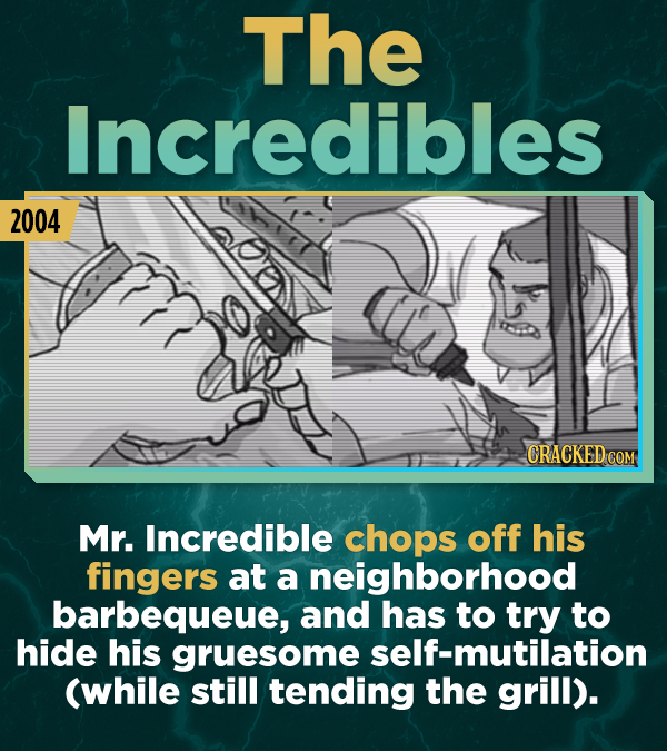 The Incredibles 2004 CRACKED COM Mr. Incredible chops off his fingers at a neighborhood barbequeue, and has to try to hide his gruesome self-mutilatio