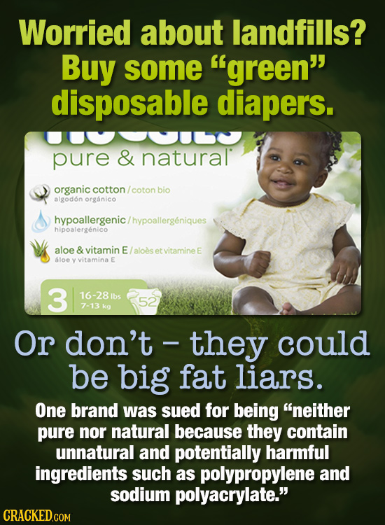 Worried about landfills? Buy some green disposable diapers. pure & natural organic cotton coton bio algodon organico hypoallergenic/hypoallergenique