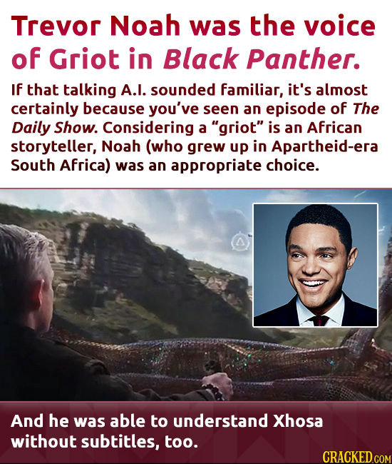Trevor Noah was the voice of Griot in Black Panther. If that talking A.I. sounded familiar, it's almost certainly because you've seen an episode of Th