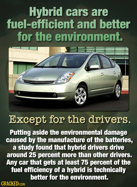 Hybrid cars are fuel-efficient and better for the environment. Except for the drivers. Putting aside the environmental damage caused by the manufactur