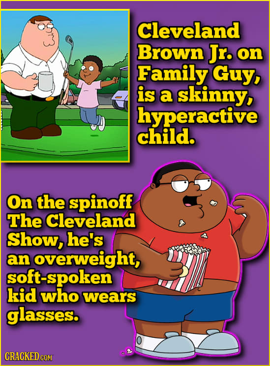 Cleveland Brown Jr. on Family Guy, is a skinny, hyperactive child. On the spinoff The Cleveland Show, he's an overweight, soft-spoken kid who wears gl