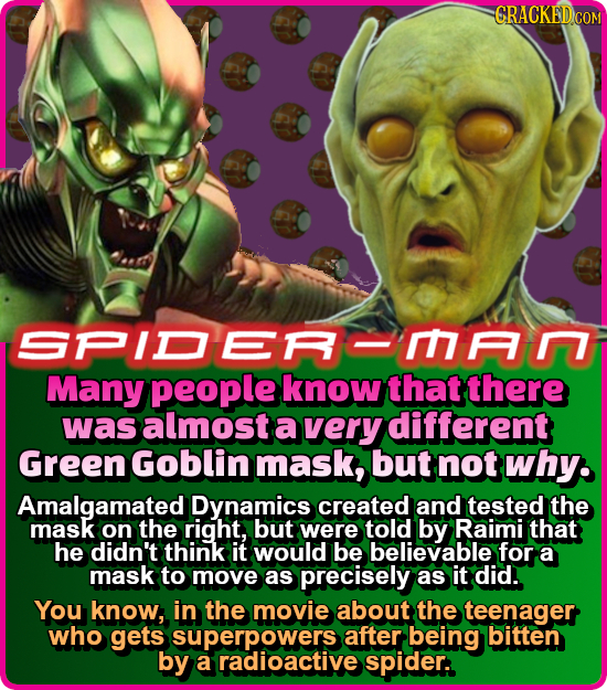 SPIDERSMAN Many people know that there was almost a very different Green Goblin mask, but not why:. Amalgamated Dynamics created and tested the mask o