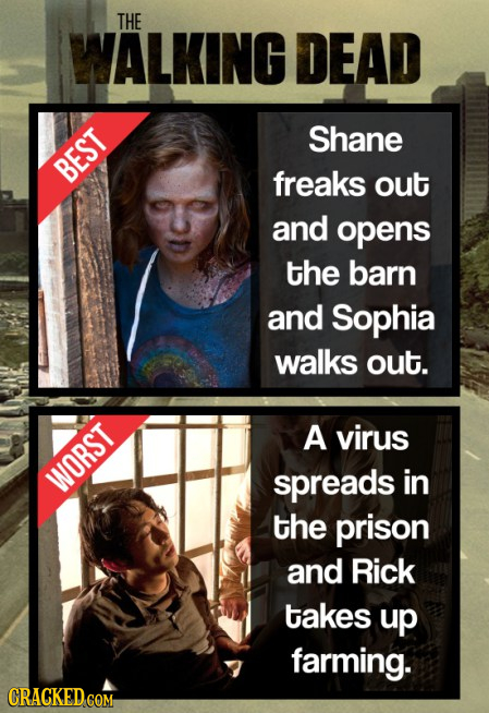 THE WALKING DEAD Shane BEST freaks out and opens the barn and Sophia walks out. A virus WORST spreads in the prison and Rick takes up farming. CRACKED