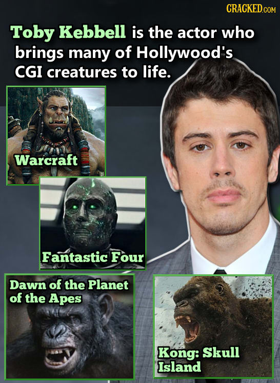 Toby Kebbell is the actor who brings many of Hollywood's CGI creatures to life. Warcraft Fantastic Four Dawn of the Planet of the Apes Kong: Skull Isl