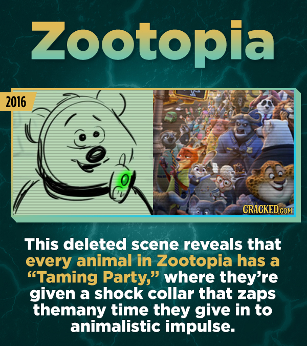Zootopia 2016 CRACKEDCO COM This deleted scene reveals that every animal in Zootopia has a Taming Party, where they're given a shock collar that zap