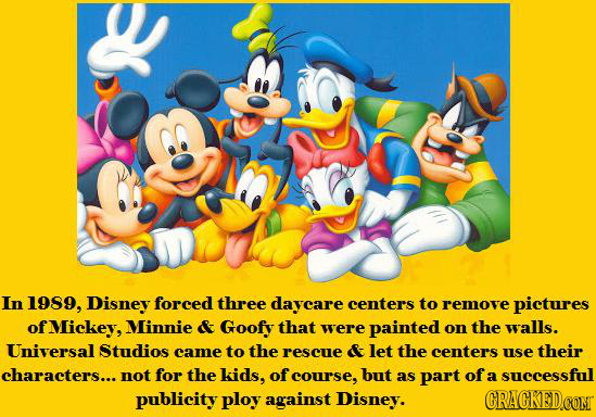 In 1989, Disney foreed three dayeare centers to remove pictures of fMickey, Minnie & Goofy that were painted on the walls. Universal Studios came to t