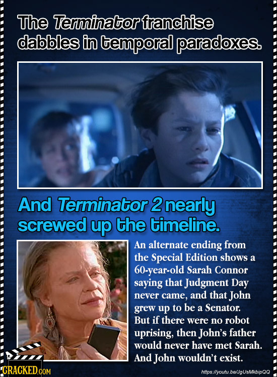 The Terminatorfranchise dabbles in temporal paradoxes. And Terminator 2 nearly screwed up the timeline. An alternate ending from the Special Edition s