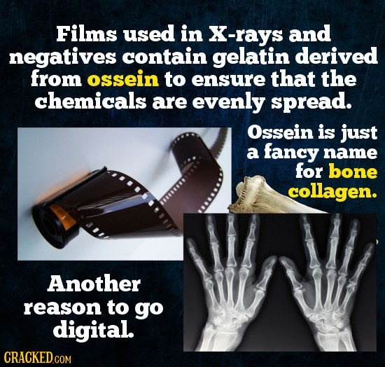 Films used in X-rays and negatives contain gelatin derived from ossein to ensure that the chemicals are evenly spread. Ossein is just a fancy name for