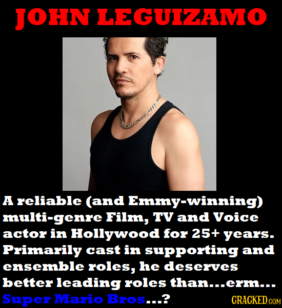 JOHN LEGUIZAMO A reliable (and Emmy-winning) multi-genre Film, TV and Voice actor in Hollywood for 25+ years. Primarily cast in supporting and ensembl