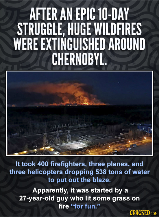 AFTER AN EPIC 10-DAY STRUGGLE, HUGE WILDFIRES WERE EXTINGUISHED AROUND CHERNOBYL. It took 400 firefighters, three planes, and three helicopters droppi