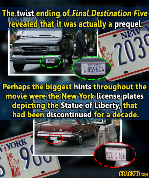 The twist, ending. of Final, .Destination Five revealed that it was actually a prequel. NEW 203 MAR B598C4 Perhaps the biggest hints throughout the mo