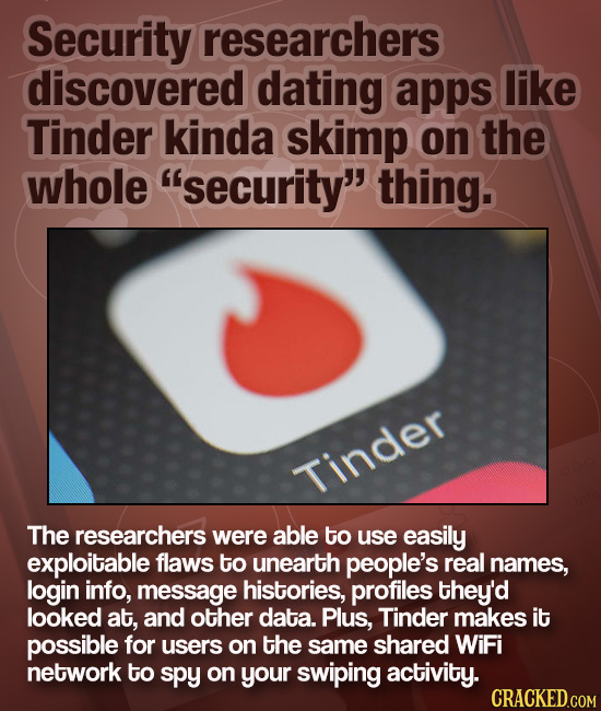 Security researchers discovered dating apps like Tinder kinda skimp on the whole security thing. Tinder The researchers were able to use easily expl