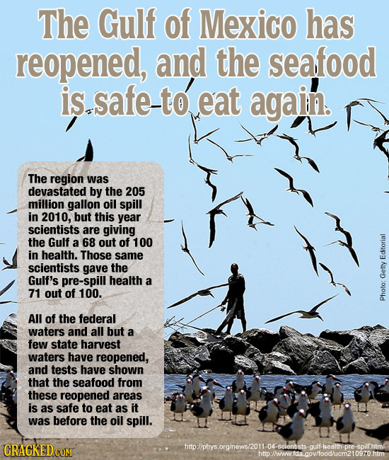 The Gulf of Mexico has reopened, and the seafood is safe -to eat again. The region was devastated by the 205 million gallon oil spill in 2010, but thi