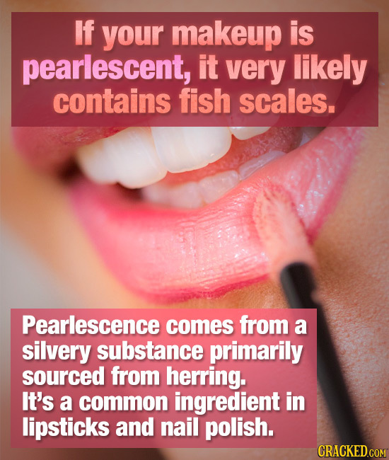 If your makeup is pearlescent, it very likely contains fish scales. Pearlescence comes from a silvery substance primarily sourced from herring. It's a