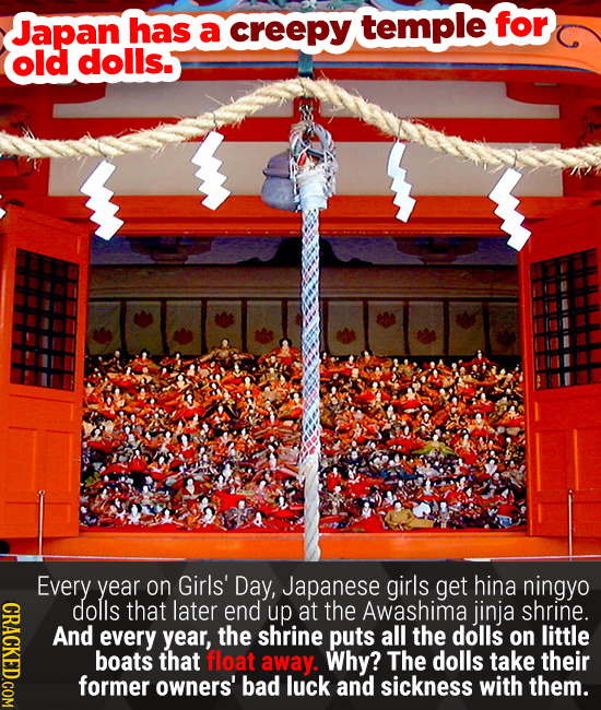 Japan has creepy temple for a old dolls. Girls' girls Every year on Day, Japanese get hina ningyo dolls that later end up at the Awashima jinja shrine