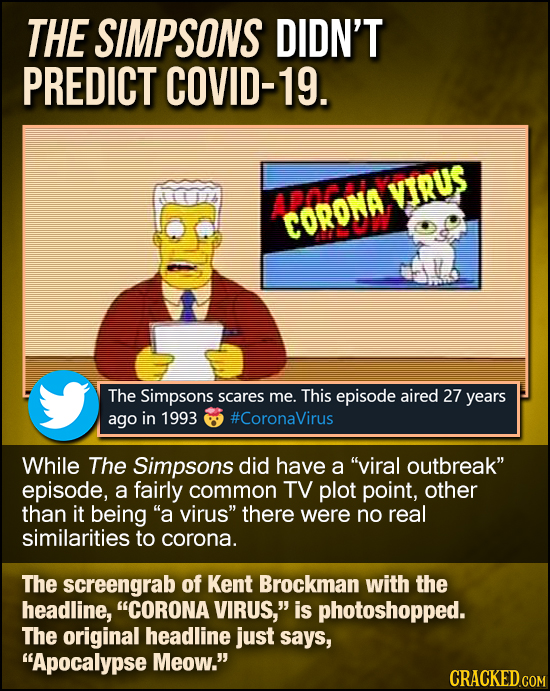 THE SIMPSONS DIDN'T PREDICT COVID-19. VIRUS aan CORONA The Simpsons scares me. This episode aired 27 years ago in 1993 #CoronaVirus While The Simpsons