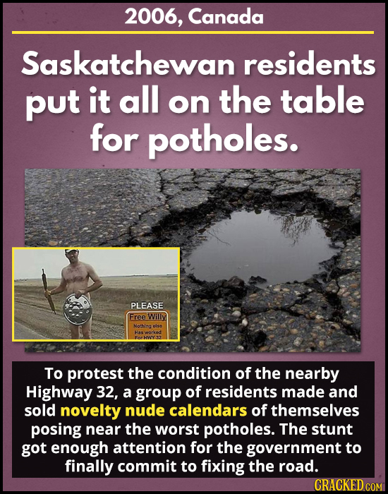2006, Canada Saskatchewan residents put it all the table on for potholes. PLEASE Free Willy Nothing else Has To protest the condition of the nearby Hi