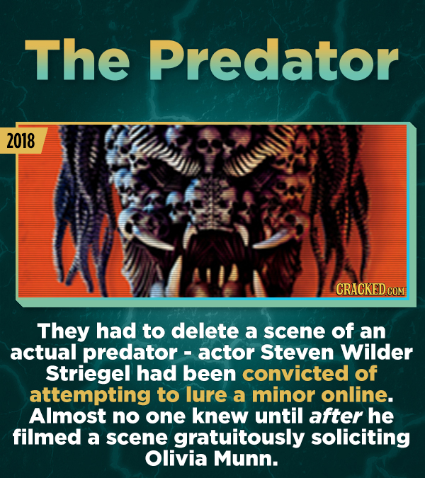 The Predator 2018 CRACKED COM They had to delete a scene of an actual predator - actor Steven Wilder Striegel had been convicted of attempting to lure