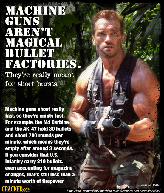 MACHINE GUNS AREN'T MAGICAL BULLET FACTORIES. They're really meant for short bursts. Machine guns shoot really fast, so they're empty fast. For exampl