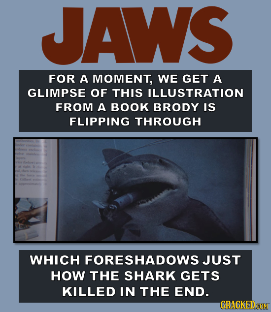 JAWS FOR A MOMENT, WE GET A GLIMPSE OF THIS ILLUSTRATION FROM A BOOK BRODY IS FLIPPING THROUGH WHICH FORESHADOWSJUST HOW THE SHARK GETS KILLED IN THE