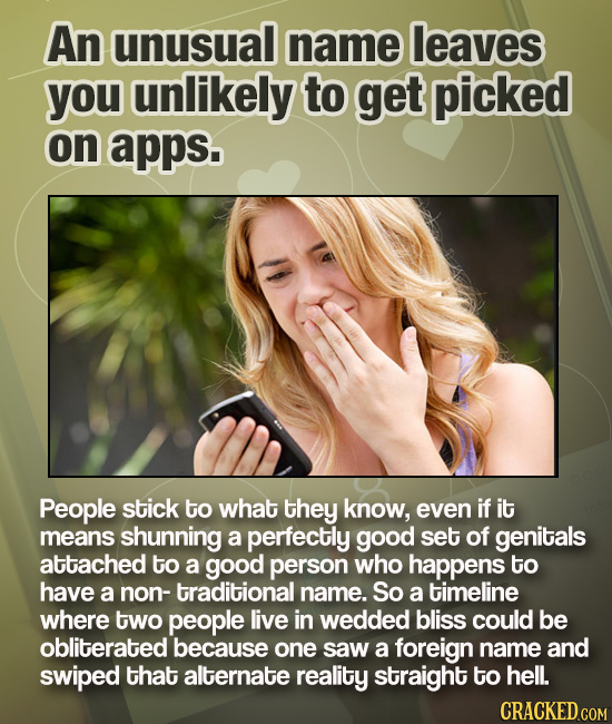 An unusual name leaves you unlikely to get picked on apps. People stick to what they know, even if it means shunning a perfectly good set of genitals