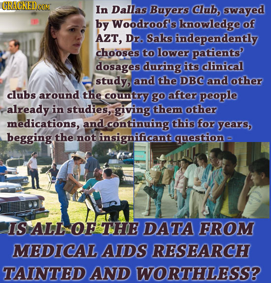 CRACKEDCON In Dallas Buyers Club, swayed by Woodroof's knowledge of AZT, Dr. Saks independently chooses to lower patients' dosages during its clinical