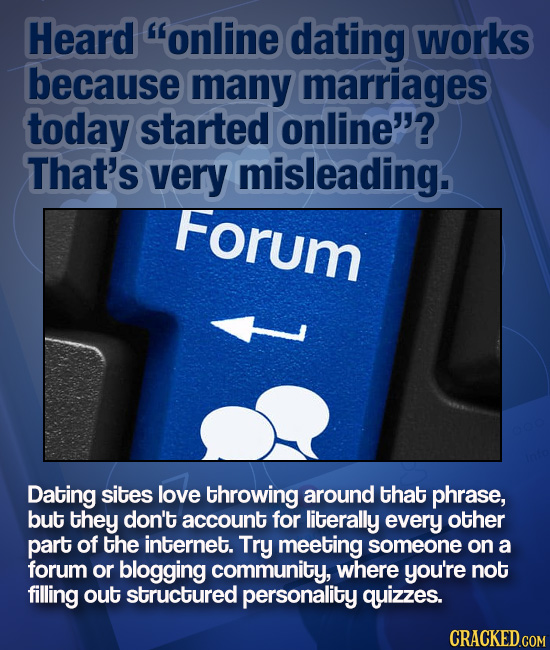 Heard online dating works because many marriages today started online? That's very misleading. Forum Dating sites love throwing around that phrase, 
