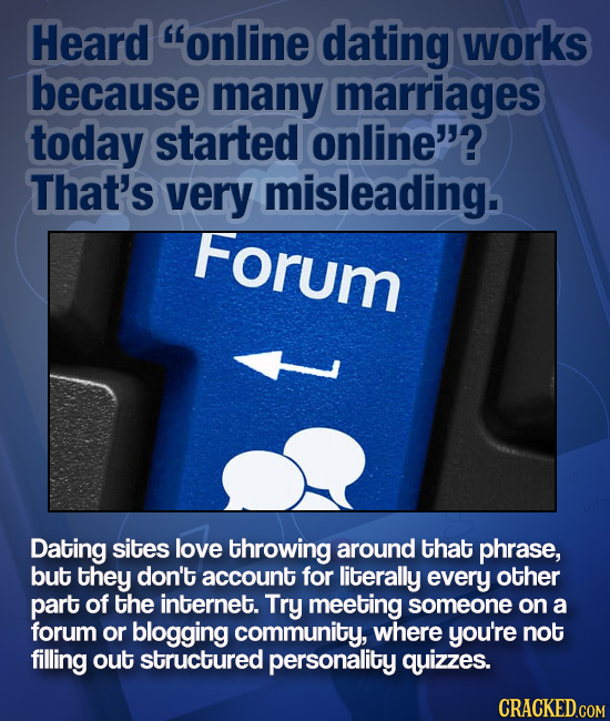 Heard online dating works because many marriages today started online? That's very misleading. Forum Dating sites love throwing around that phrase,