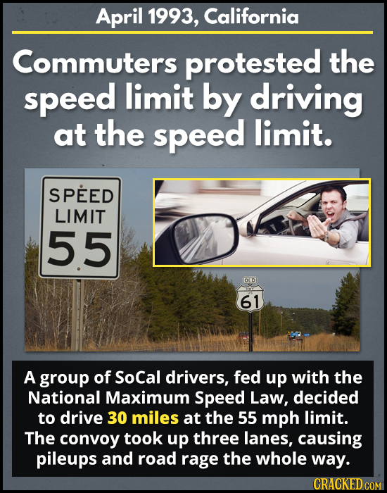 April 1993, California Commuters protested the speed limit by driving at the speed limit. SPEED LIMIT 55 OLD 61 A group of SoCal drivers, fed up with