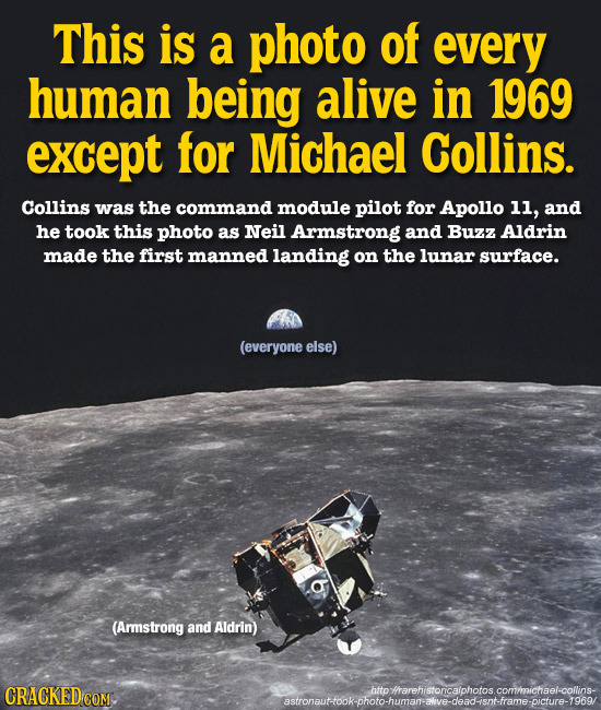 This is a photo of every human being alive in 1969 except for Michael Collins. Collins was the command module pilot for Apollo 11, and he took this ph
