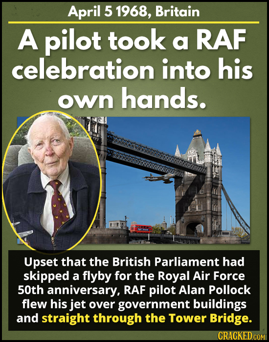 April 5 1968, Britain A pilot took a RAF celebration into his hands. own Upset that the British Parliament had skipped a flyby for the Royal Air Force